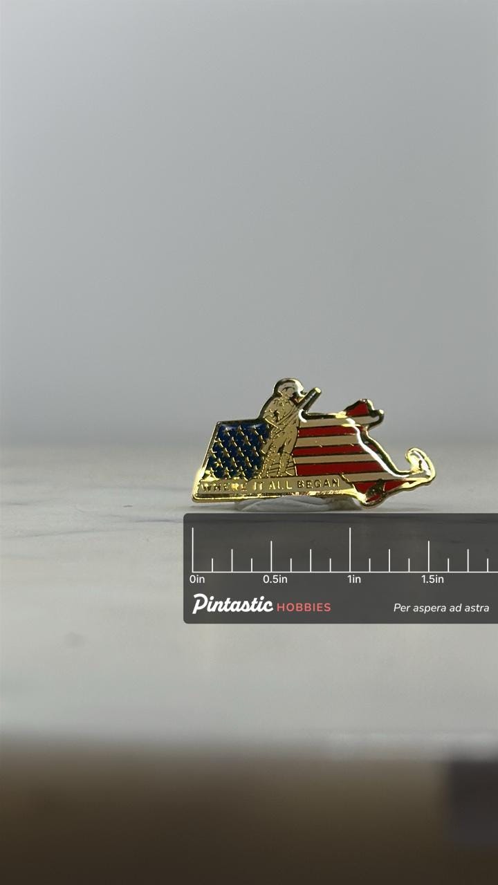 Massachusetts Enamel Pin: Gold Red White Blue - Patriotic State Accessory with ruler overlay for size reference