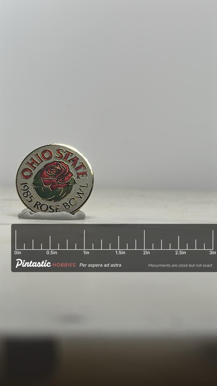 Ohio State Rose Bowl Pin: Red Enamel Round - 1985 Sports Accessory with ruler overlay for size reference