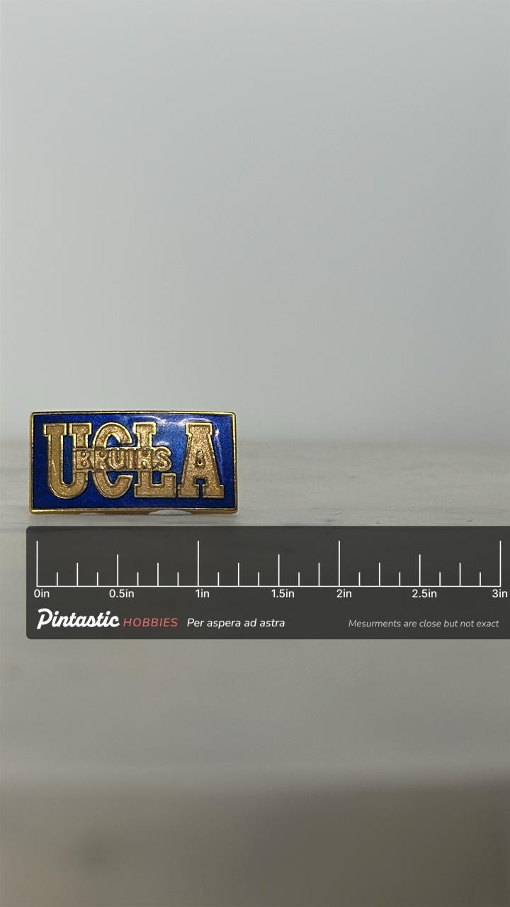 UCLA Bruins Enamel Pin: Gold & Blue Finish - Vintage College Accessory with ruler overlay for size reference