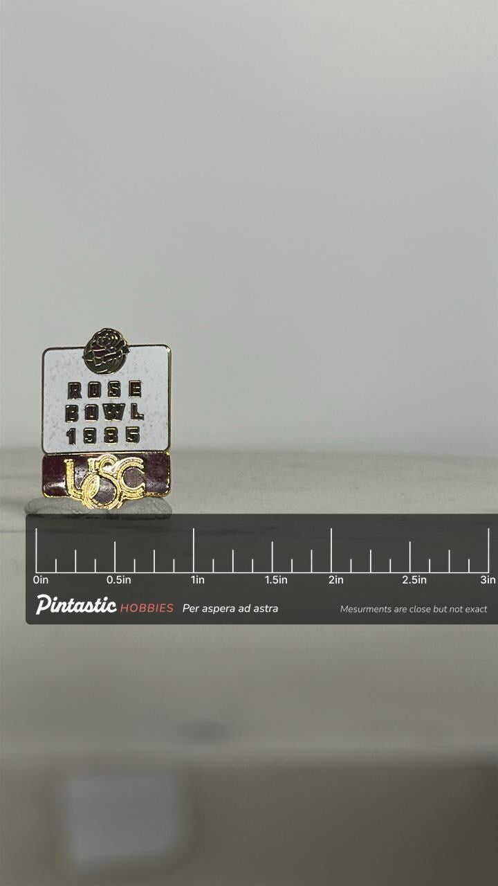 Rose Bowl 1985 Enamel Pin: Gold & Maroon USC - Vintage Sports Accessory with ruler overlay for size reference