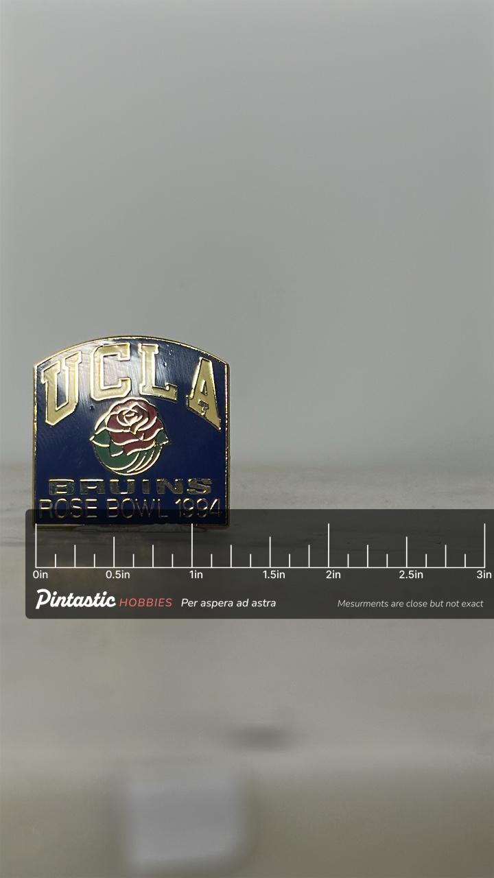 UCLA Bruins Enamel Pin: Blue Gold Finish - 1994 Rose Bowl Accessory with ruler overlay for size reference
