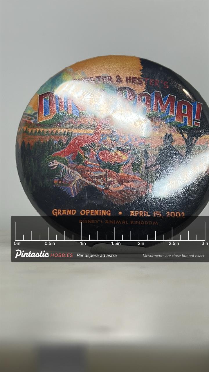 Dino-Rama Grand Opening Pin: Bold Multicolor Gloss - 2000s Disney Accessory with ruler overlay for size reference
