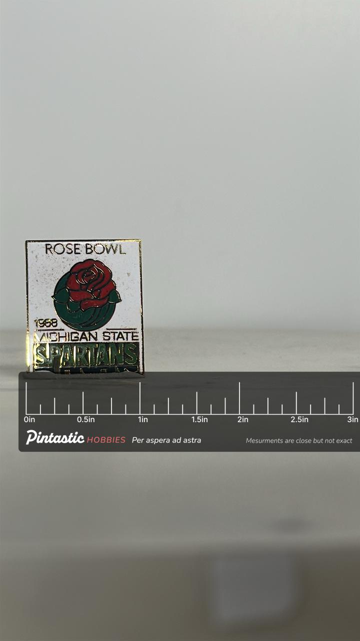 Rose Bowl Spartans Pin: Red Green Enamel - 1988 Sports Accessory with ruler overlay for size reference