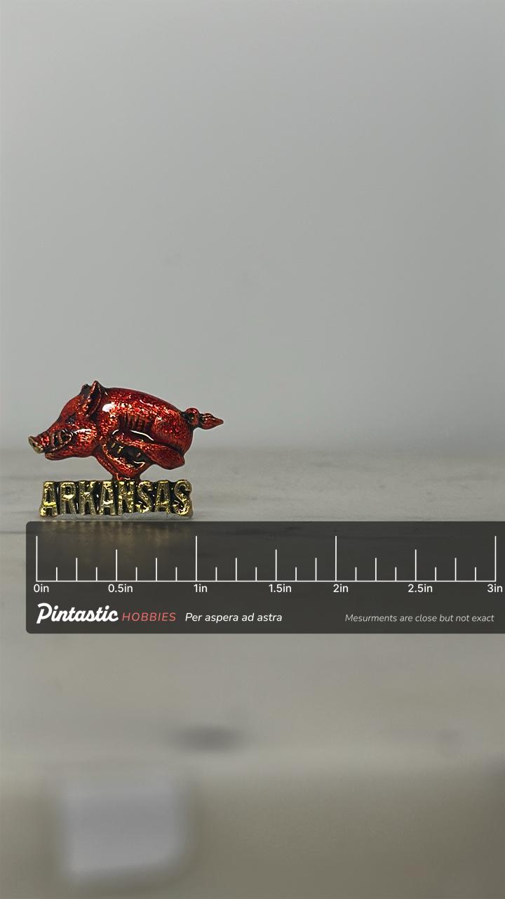 Arkansas Razorback Enamel Pin: Red Metallic Finish - Vintage Souvenir Accessory with ruler overlay for size reference
