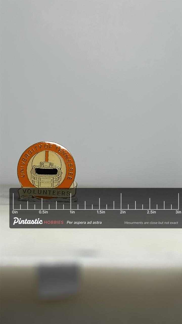 University of Tennessee Volunteers Pin: Orange Gold Enamel - Vintage Sports Accessory with ruler overlay for size reference