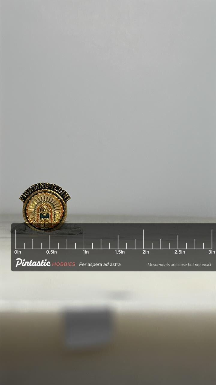 Fighting Illini Enamel Pin: Gold Tone & Enamel - Vintage Sports Accessory with ruler overlay for size reference