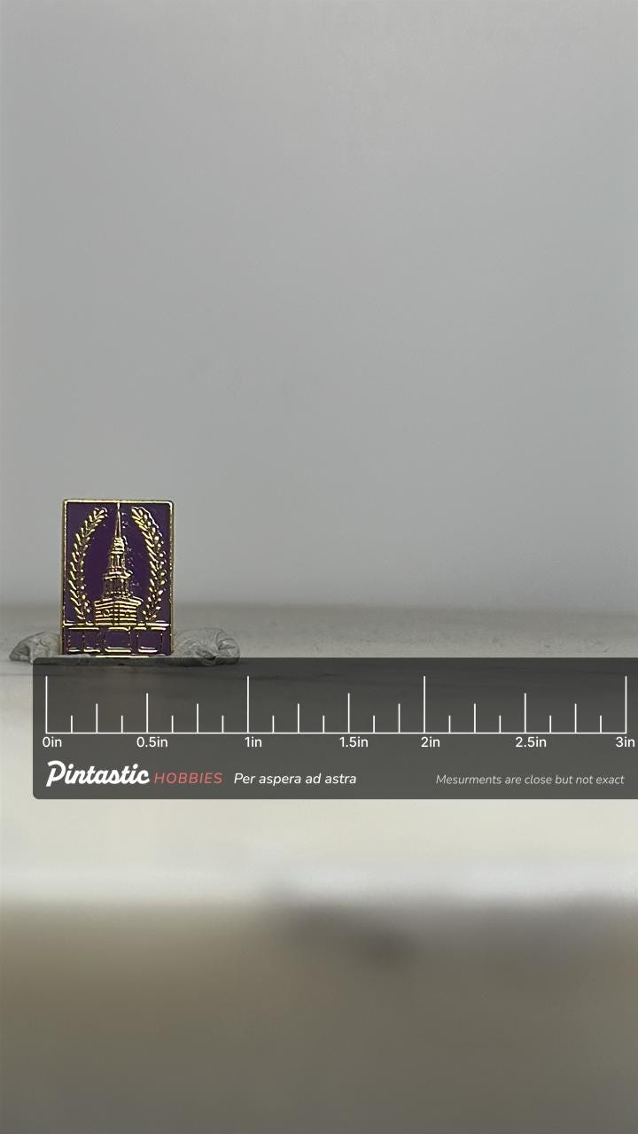 Texas Christian University Pin: TCU Chapel Steeple & Laurel Pin with ruler overlay for size reference