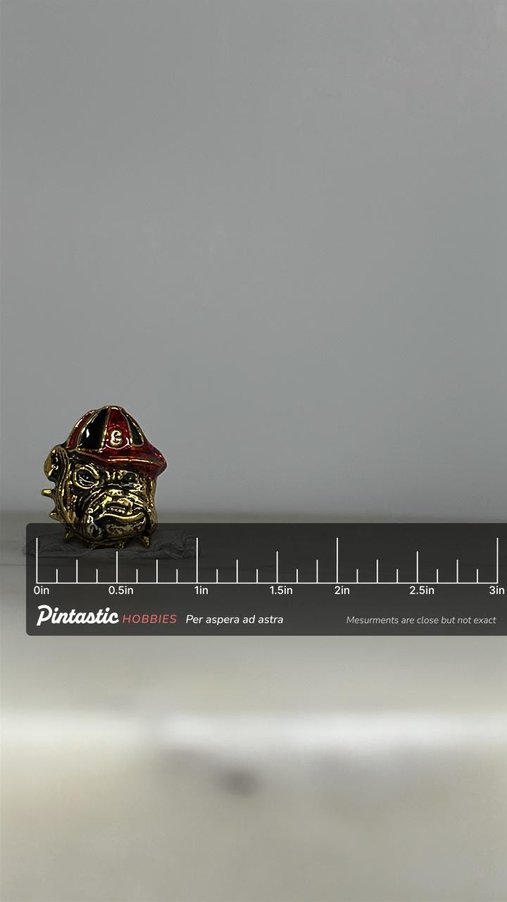 University of Georgia Bulldogs Pin: Uga Mascot in Red Helmet – Vintage Enamel Lapel with ruler overlay for size reference