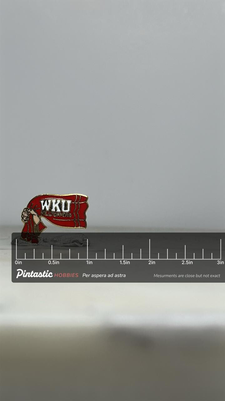 WKU Hilltoppers Enamel Pin: Red Gold Finish - Vintage College Accessory with ruler overlay for size reference