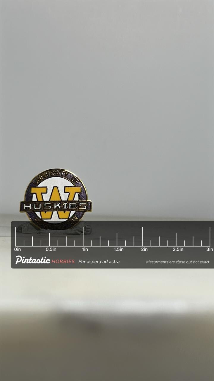 University of Washington Huskies Pin: Gold Enamel - Vintage Sports Accessory with ruler overlay for size reference
