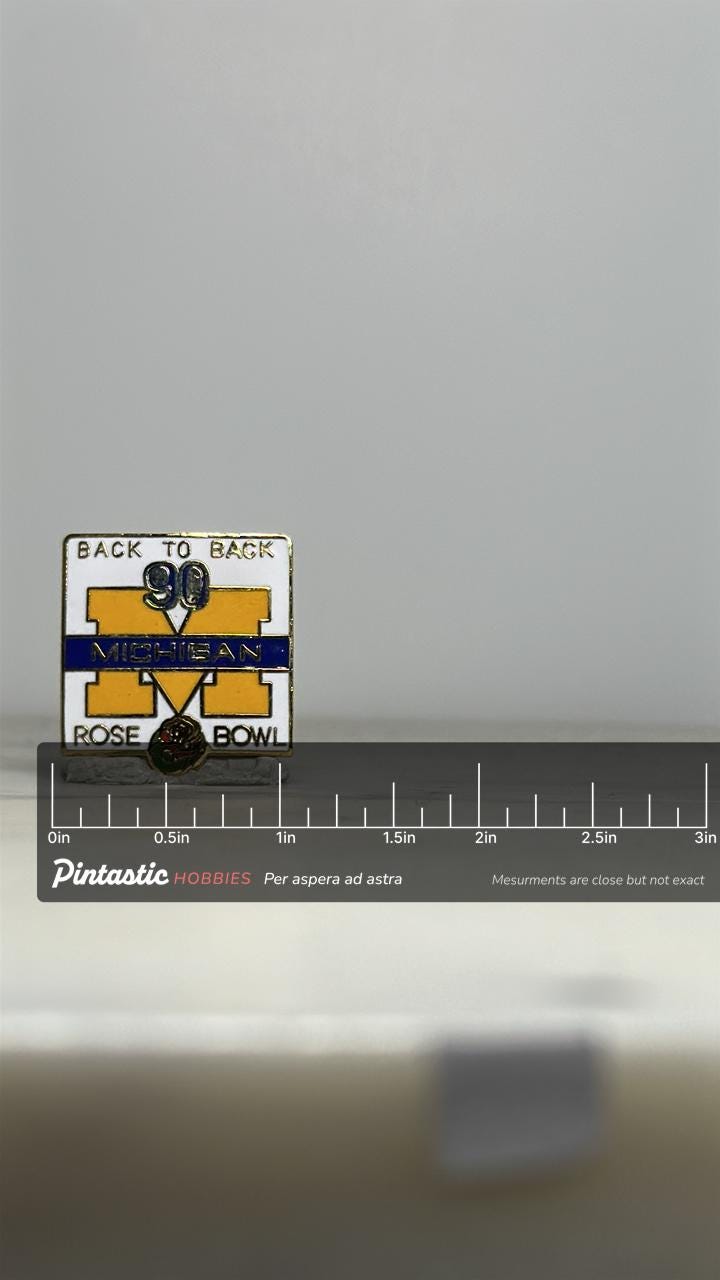 Michigan Rose Bowl Enamel Pin: Yellow/Blue/White - 1990 Sports Accessory with ruler overlay for size reference
