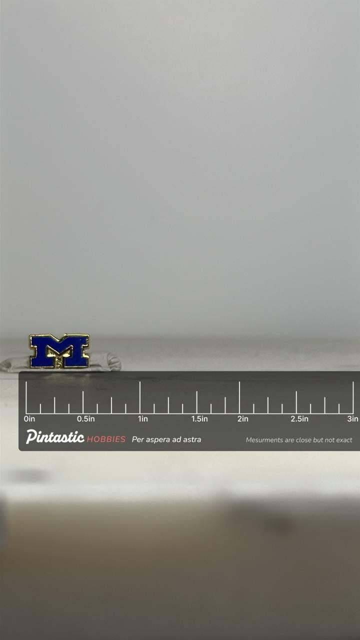University of Michigan Pin: Blue Block “M” Enamel – Vintage Wolverines Lapel Badge with ruler overlay for size reference