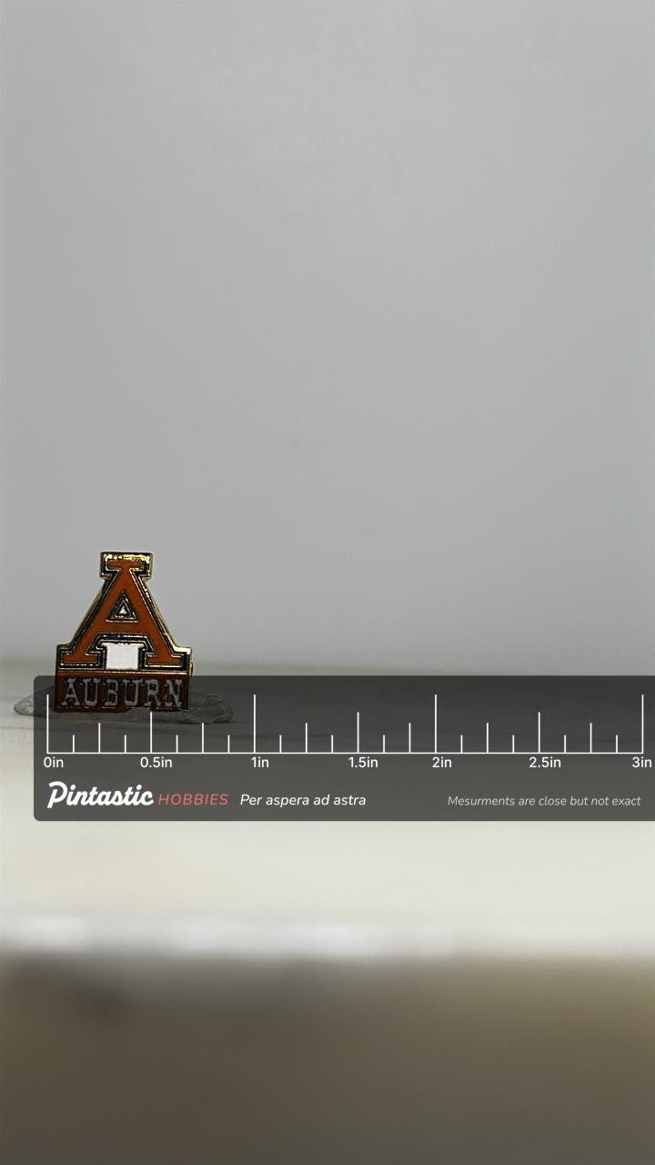 Auburn University Enamel Pin: Orange Gold Finish - Vintage College Accessory with ruler overlay for size reference