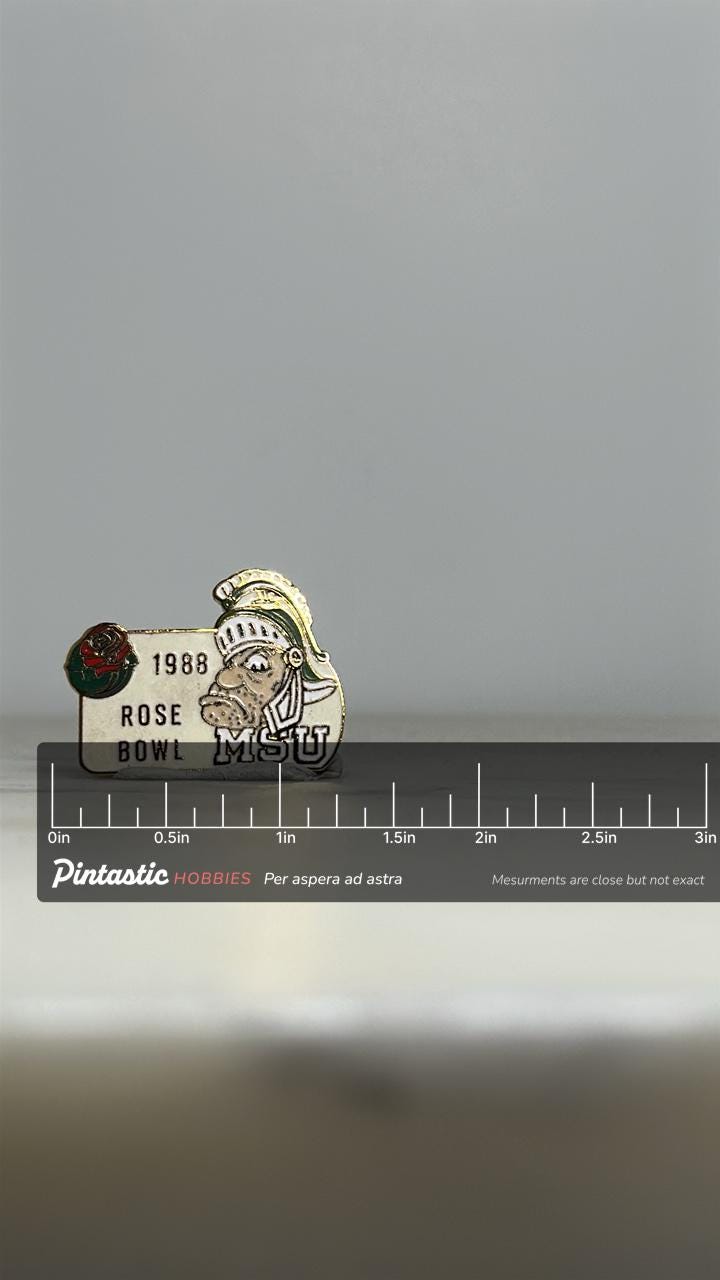MSU Rose Bowl Enamel Pin: White & Green - 1988 Sports Collectible with ruler overlay for size reference