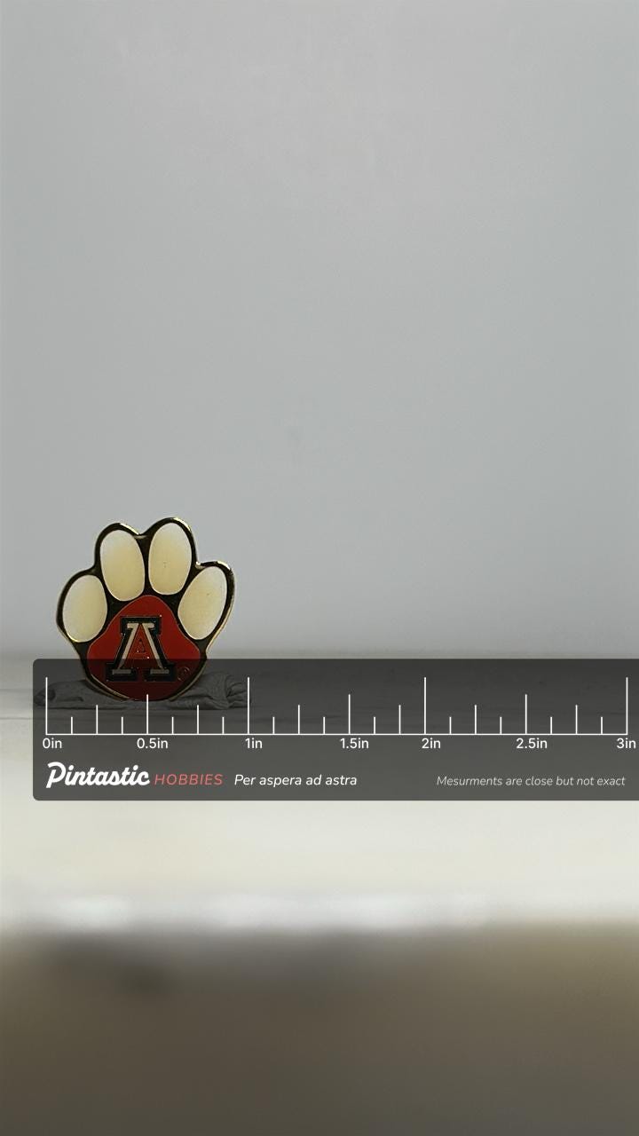 University of Arizona Paw Print Pin: Red Gold Enamel - Collegiate Accessory with ruler overlay for size reference