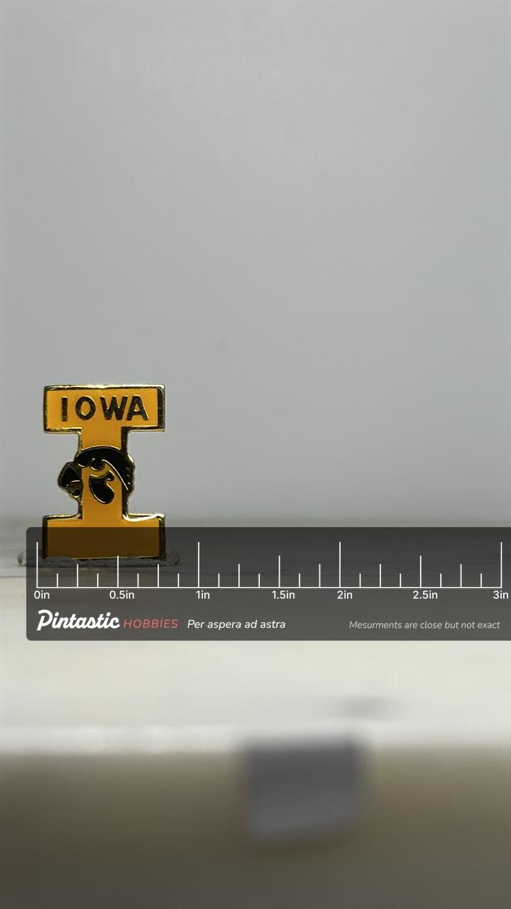Iowa Mascot Enamel Pin: Yellow Gold Finish - Vintage College Accessory with ruler overlay for size reference