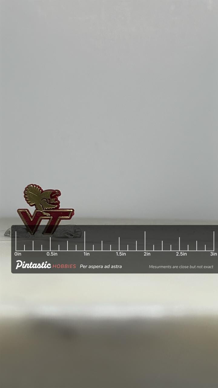 Virginia Tech Hokie Bird Pin: Maroon & Gold Enamel - Collegiate Spirit Accessory with ruler overlay for size reference
