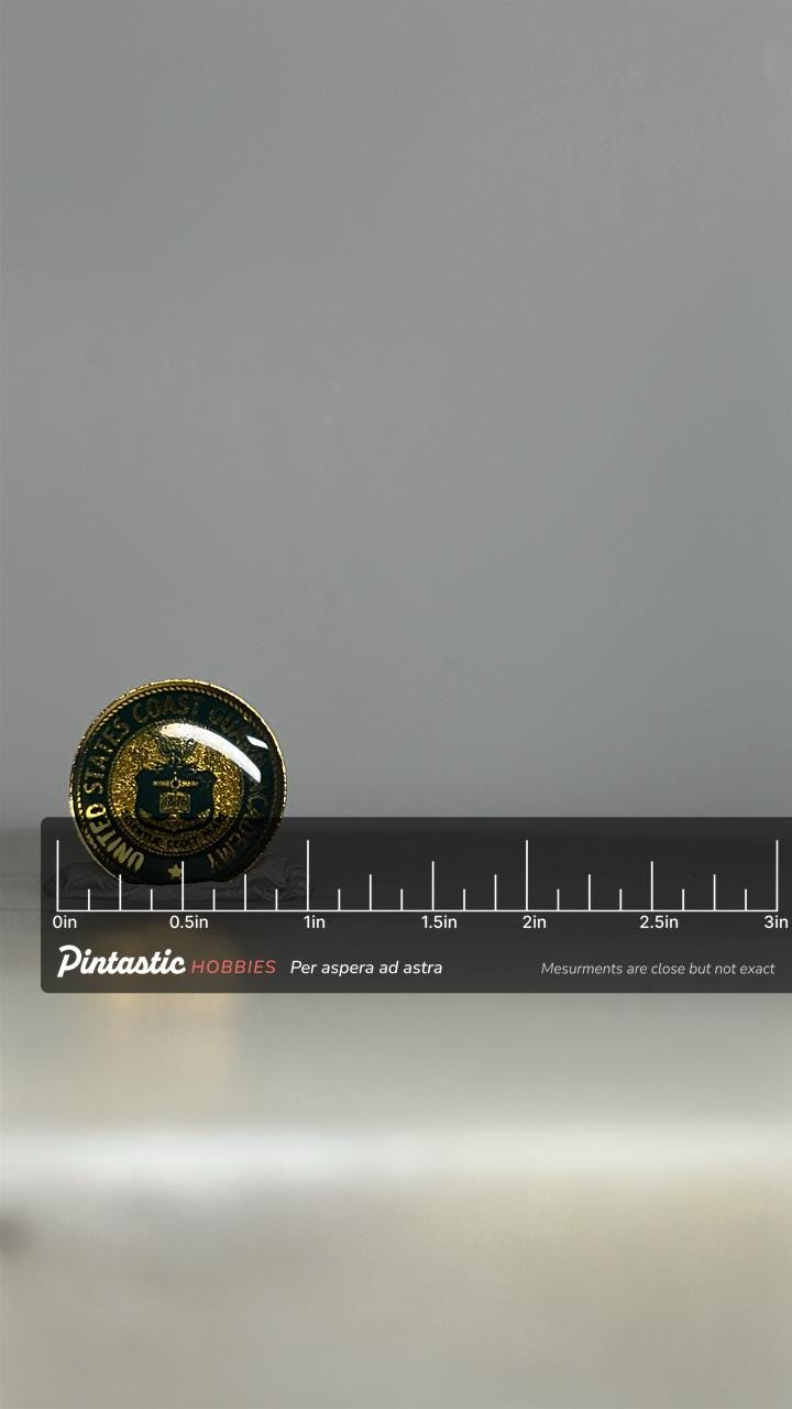 US Coast Guard Academy Pin: Gold & Navy Enamel - Military Service Accessory with ruler overlay for size reference