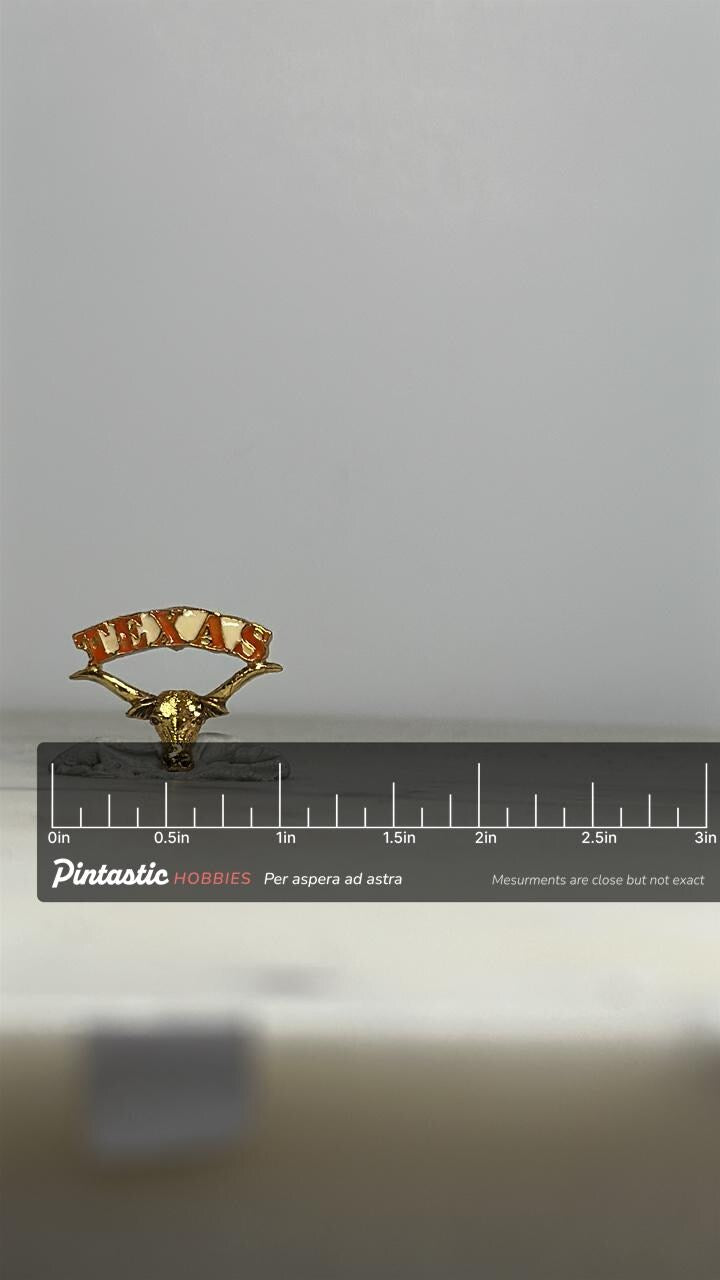 Texas Longhorn Souvenir Pin: Gold Tone Enamel - Western Retro Accessory with ruler overlay for size reference
