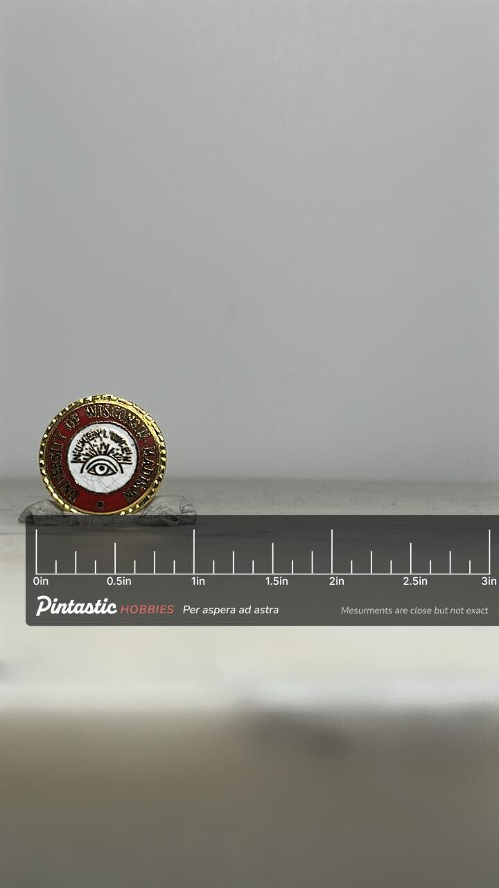 University of Wisconsin Enamel Pin: Red Gold Seal - Vintage College Accessory with ruler overlay for size reference