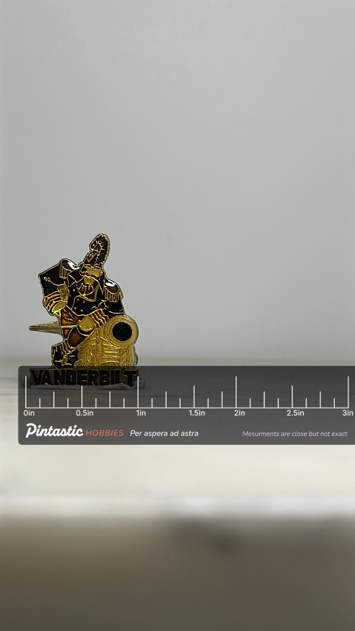 Vanderbilt Commodore Enamel Pin: Gold & Black Finish - College Mascot Accessory with ruler overlay for size reference