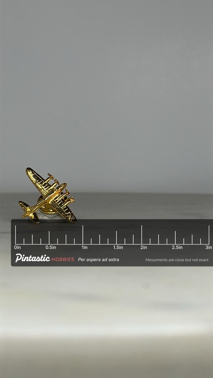 Bomber Plane Enamel Pin: Gold Tone Metal - Vintage Aviation Accessory with ruler overlay for size reference