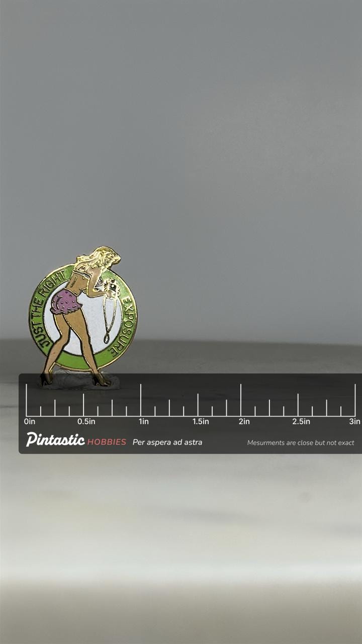 Pin-Up Girl Enamel Pin: Green & Pink Retro Style - Vintage-Inspired Accessory with ruler overlay for size reference