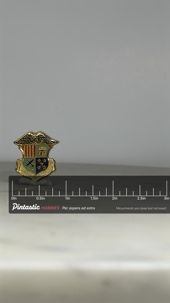 Yankee Air Museum Enamel Pin: Gold Crest Design - Vintage Aviation Accessory with ruler overlay for size reference