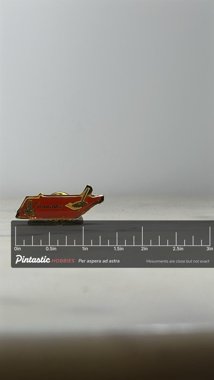 Tennessee State Souvenir Pin: Red Gold Enamel - Vintage Travel Accessory with ruler overlay for size reference