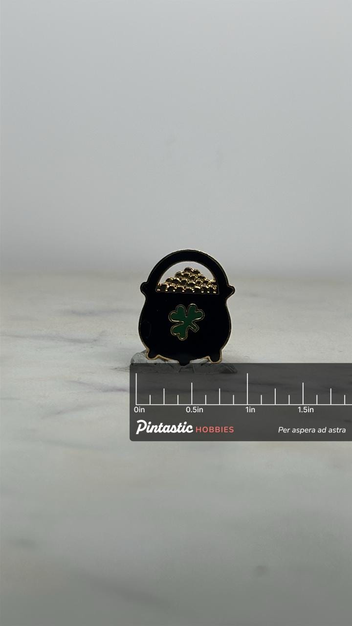 Pot of Gold Enamel Pin: Black & Gold Finish - St. Patrick's Day Accessory with ruler overlay for size reference