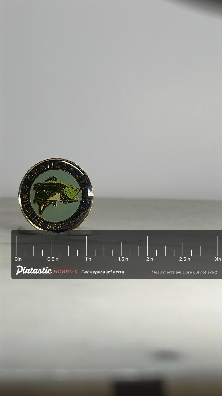 Granger Select Wildlife Series Pin: Bass Fish Enamel - Vintage Outdoors Accessory with ruler overlay for size reference