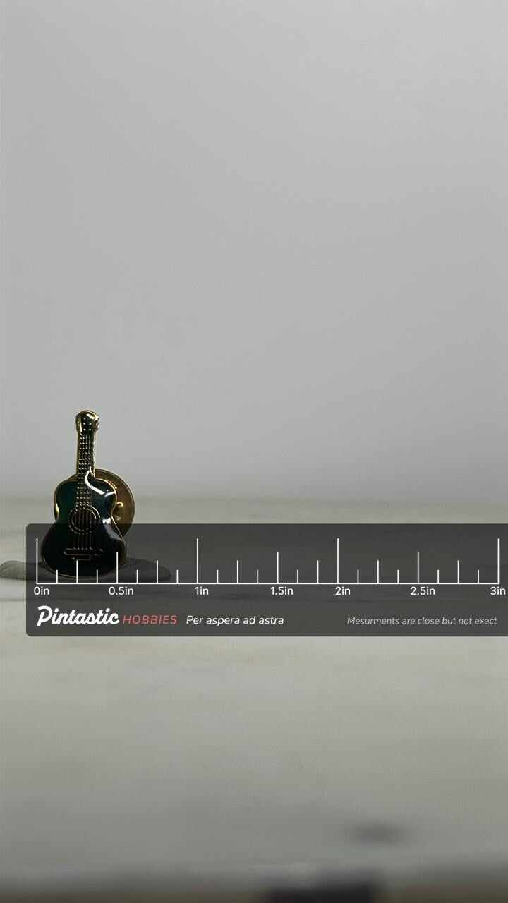 Guitar Enamel Pin: Dark Green Gold-Tone - Retro Music Accessory with ruler overlay for size reference