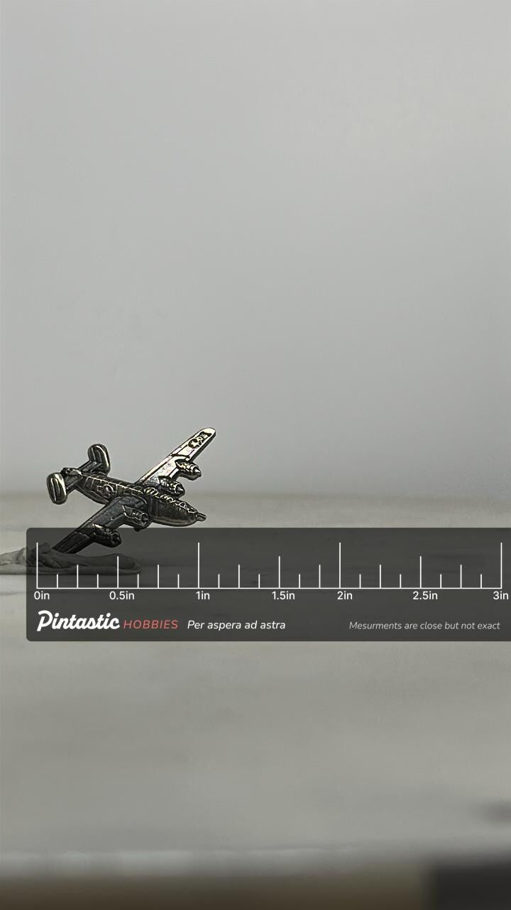 B-17 Flying Fortress Bomber Pin: Silver Metal WWII Airplane – Vintage Military Aviation Collectible with ruler overlay for si