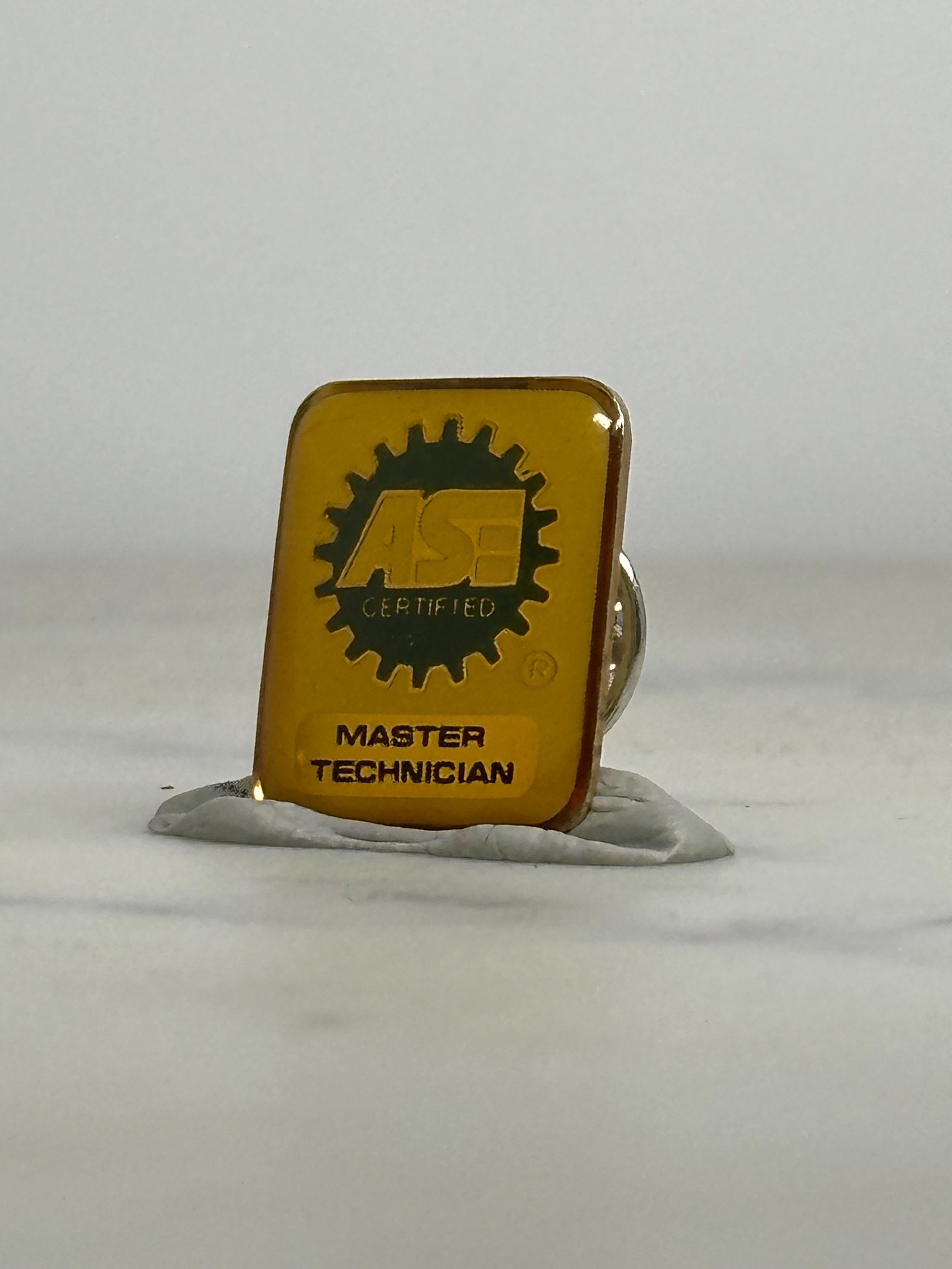 ASE Certified Master Technician Pin: Yellow Enamel Gear Logo - Retro Automotive Accessory
