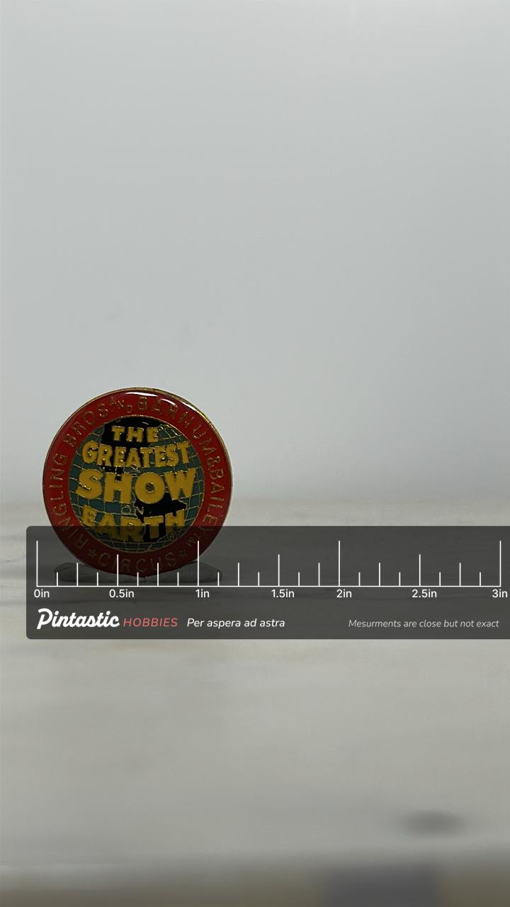 Ringling Circus Enamel Pin: Red & Yellow Cloisonné - Vintage Collectible Accessory with ruler overlay for size reference