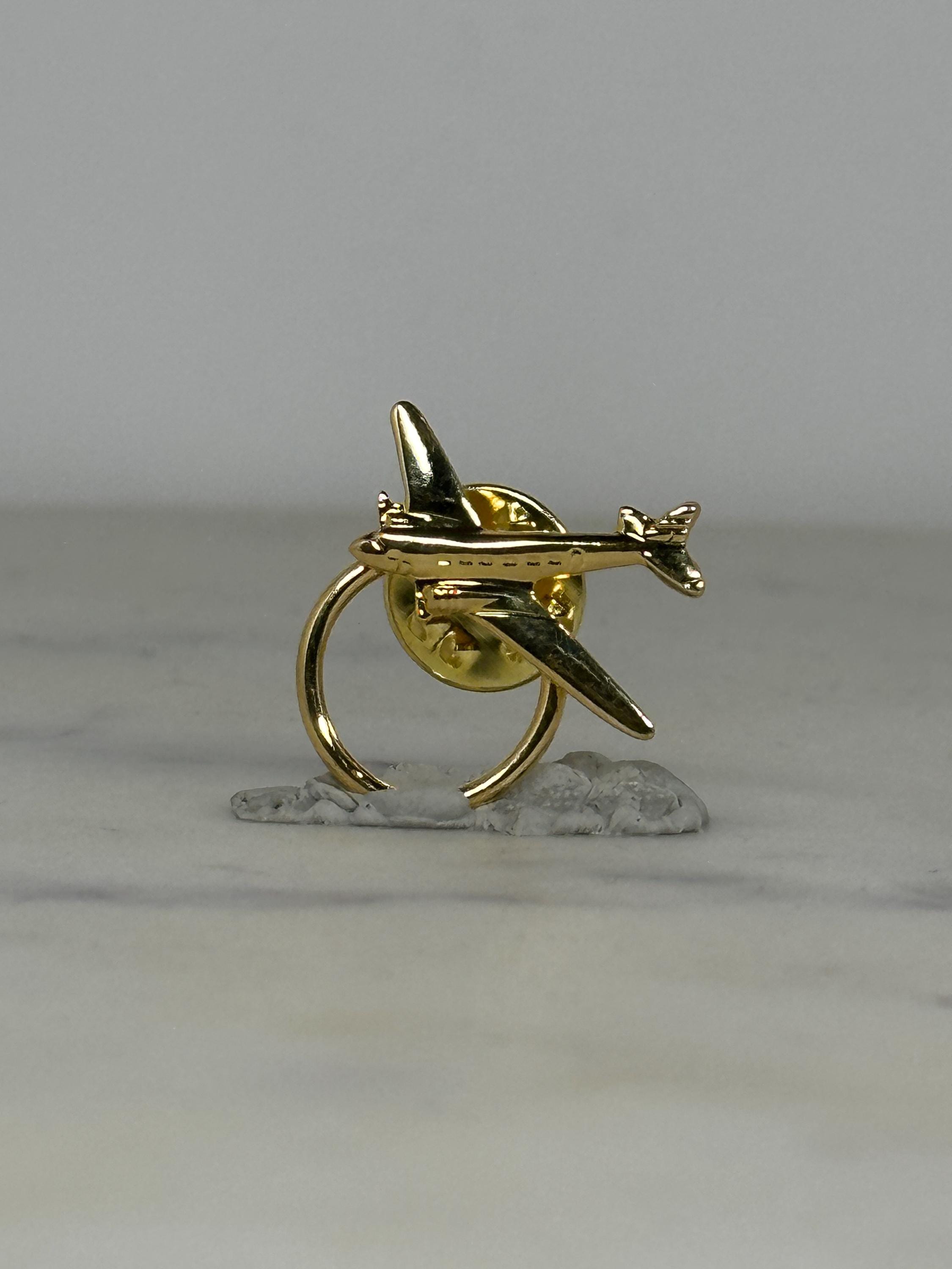 Airplane Lapel Pin: Gold Tone Metal Finish - Retro Travel Accessory