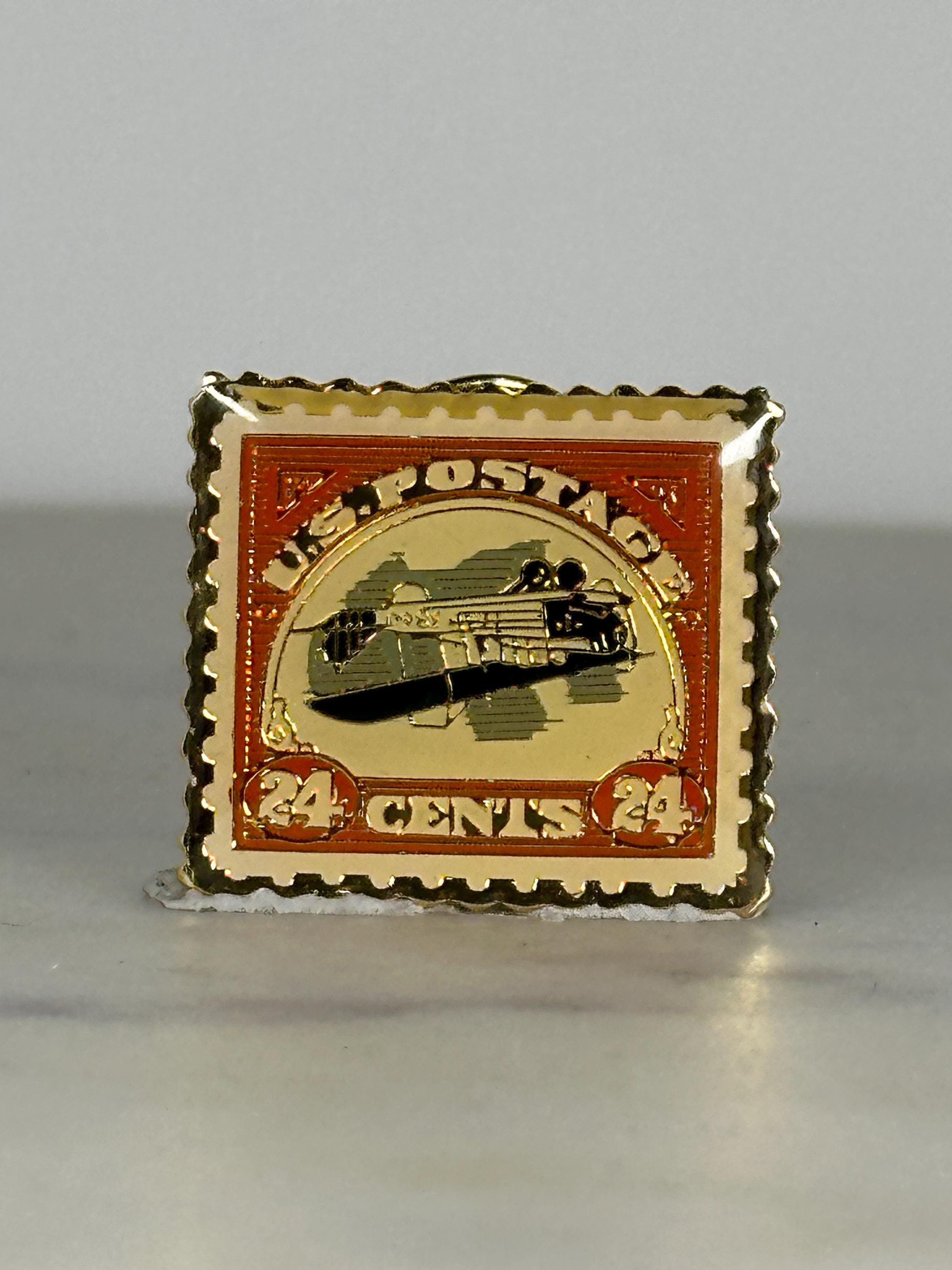 Vintage Airmail Stamp Enamel Pin: Gold & Red - Postal Collectors Accessory