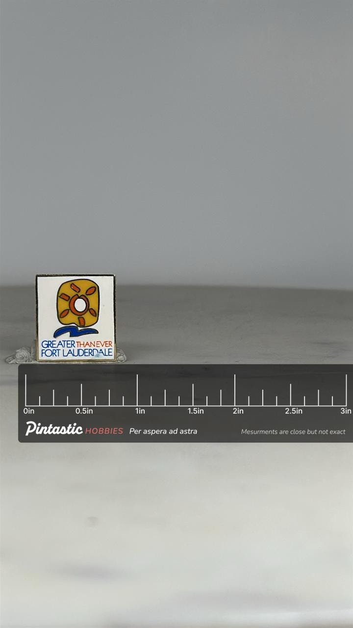 Fort Lauderdale Souvenir Pin: White Enamel Square - Retro Travel Accessory with ruler overlay for size reference