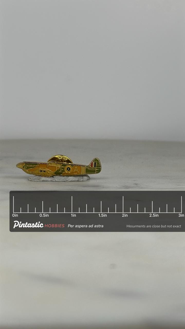Supermarine Spitfire Pin – Vintage RAF WWII Fighter Plane Lapel with Camouflage with ruler overlay for size reference