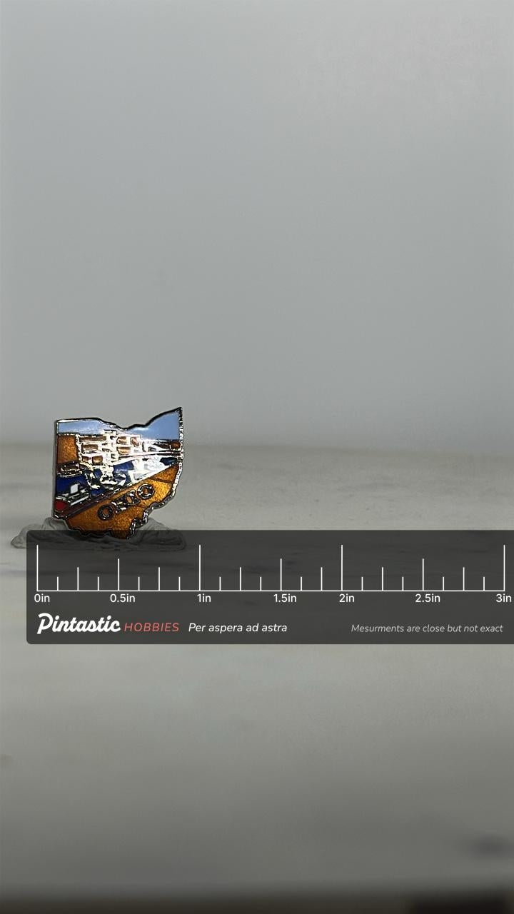 Ohio State Shaped Enamel Pin: Multicolor Souvenir - Vintage Travel Accessory with ruler overlay for size reference