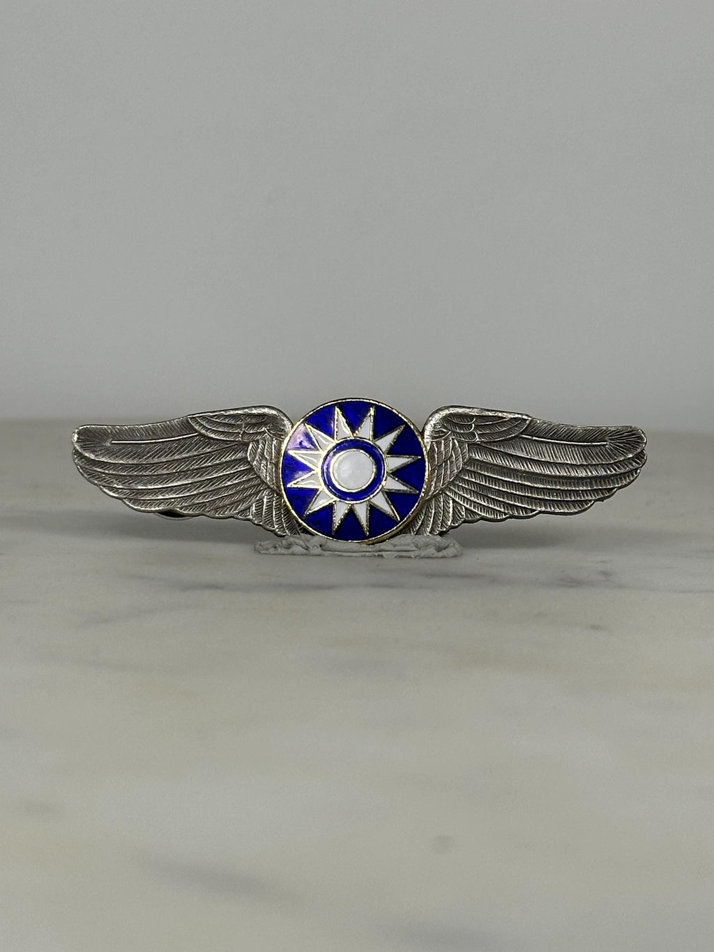 Chinese Air Force Wings Pin: Silver Blue Enamel - WWII Era Accessory