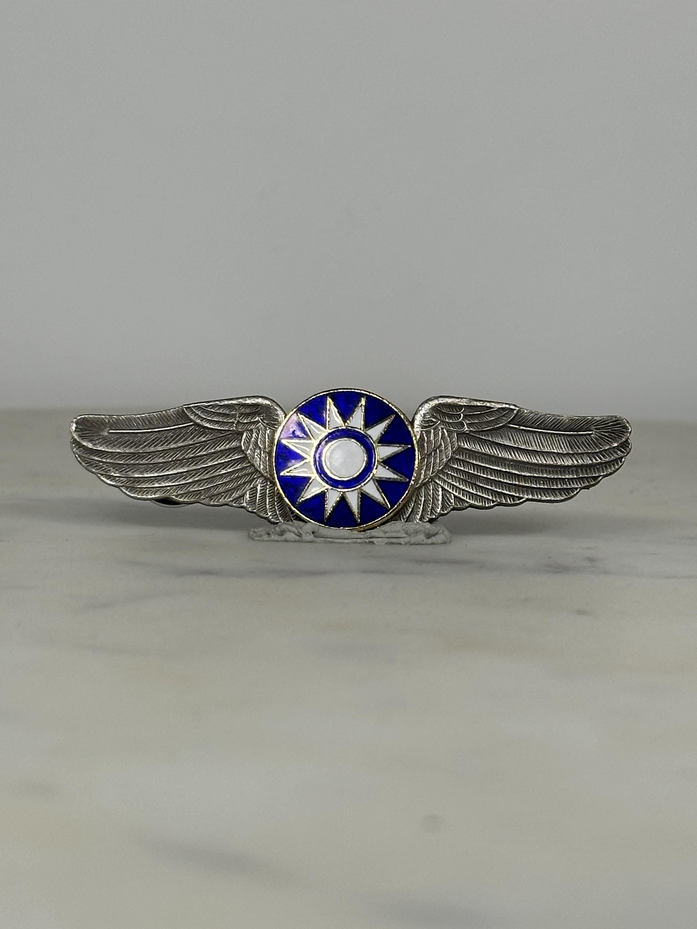 Chinese Air Force Wings Pin: Silver Blue Enamel - WWII Era Accessory