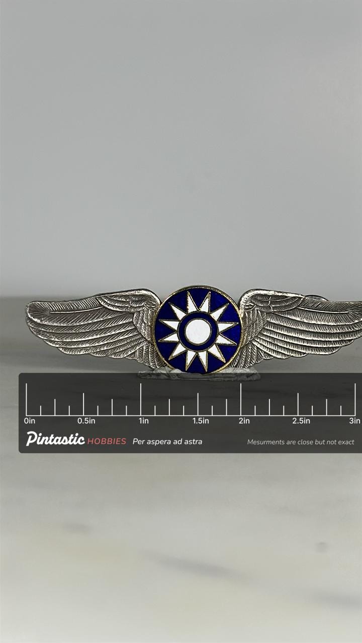 Chinese Air Force Wings Pin: Silver Blue Enamel - WWII Era Accessory with ruler overlay for size reference