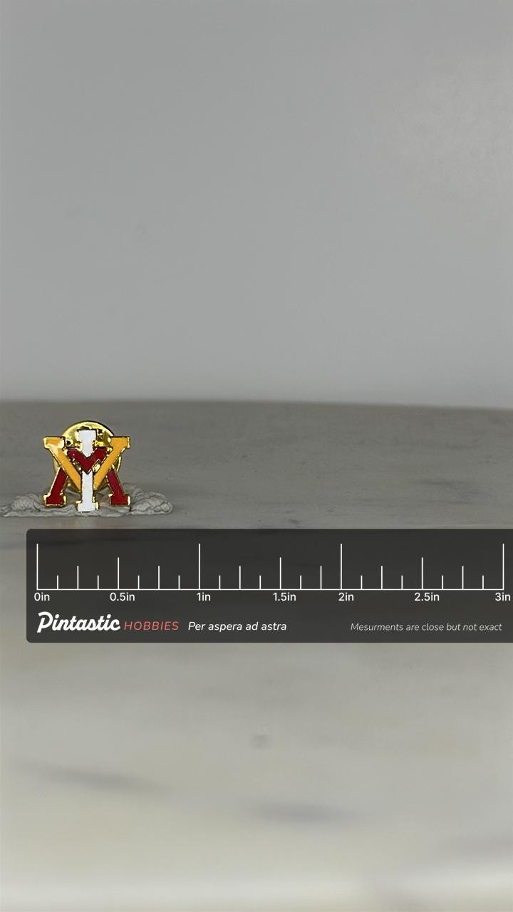 Virginia Military Institute (VMI) Pin – Vintage Red, Gold & White Enamel Lapel with ruler overlay for size reference