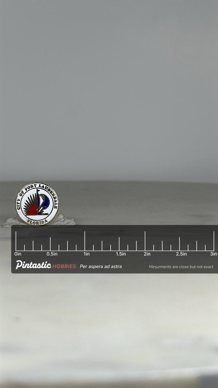 Fort Lauderdale Souvenir Pin: White Enamel Seal - Vintage Florida Accessory with ruler overlay for size reference