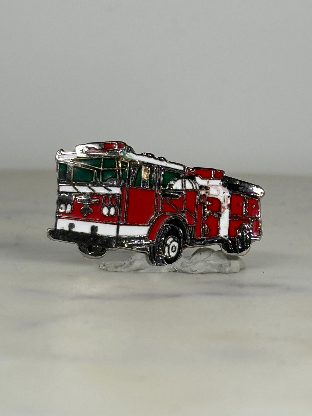 Fire Truck Enamel Pin: Red & Silver Finish - Vintage Rescue Accessory