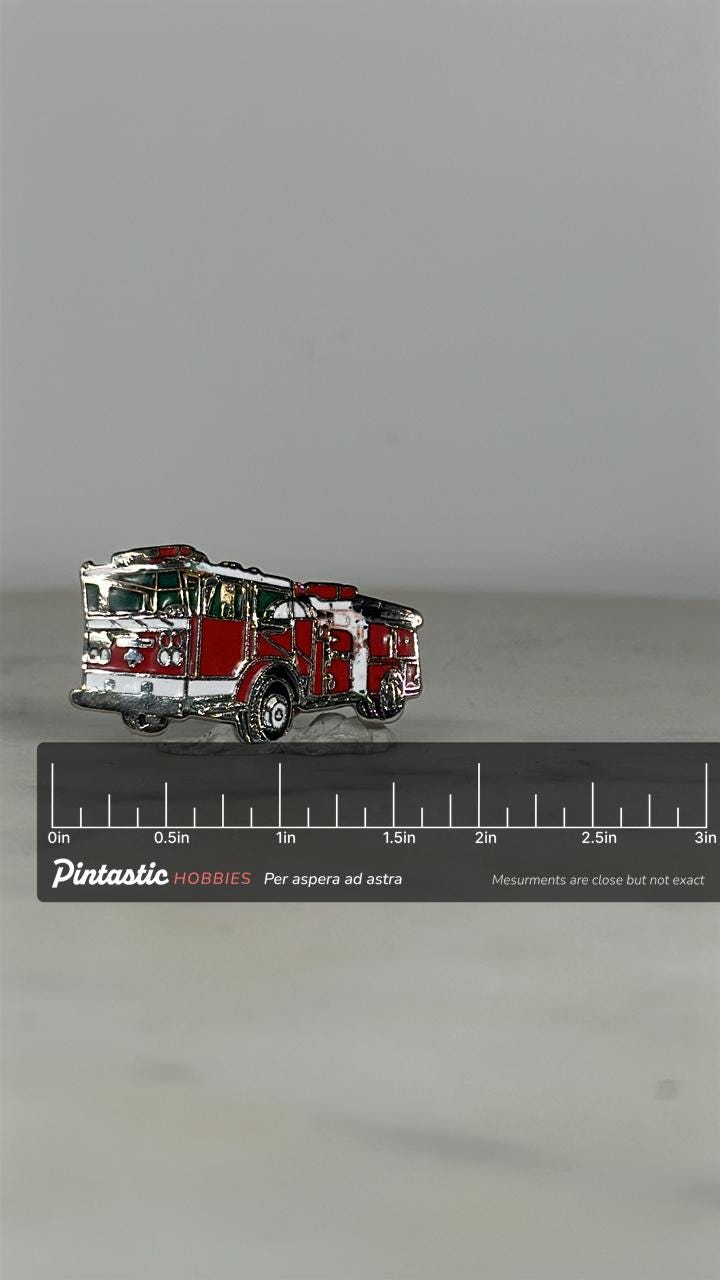 Fire Truck Enamel Pin: Red & Silver Finish - Vintage Rescue Accessory with ruler overlay for size reference