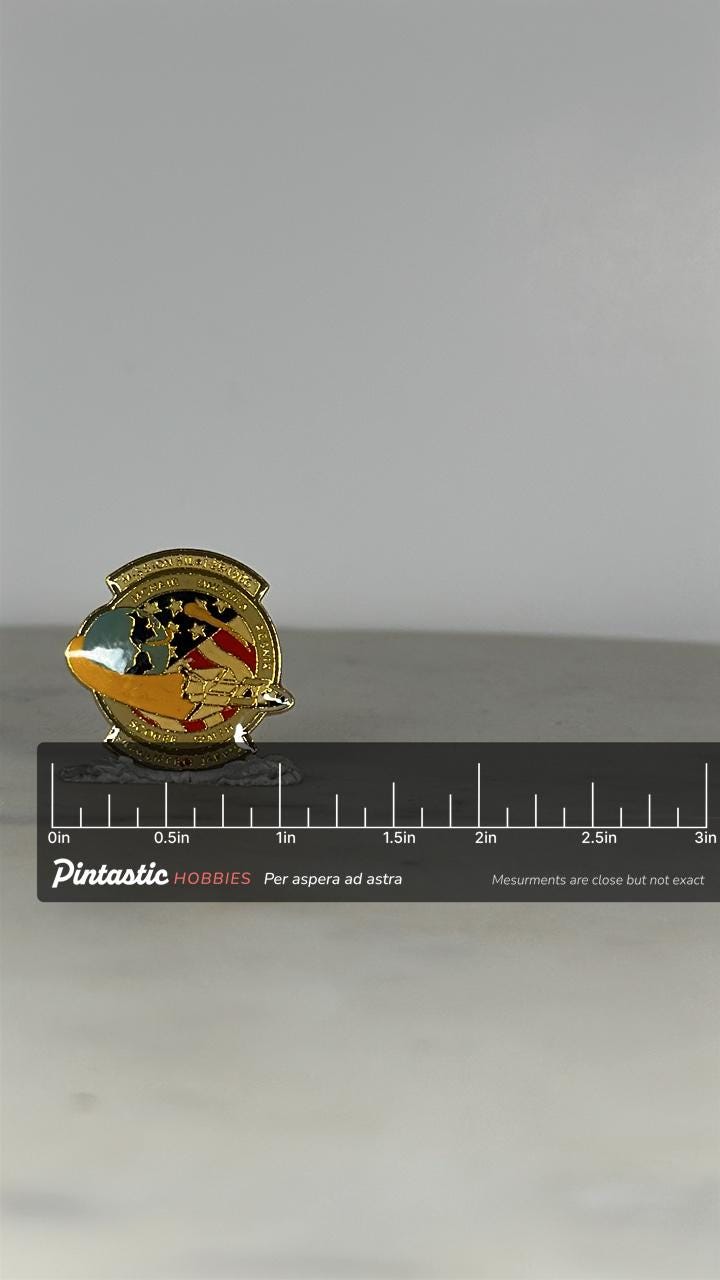 NASA Space Shuttle Pin: Gold Enamel Mission 51L - 1980s Challenger Tribute with ruler overlay for size reference