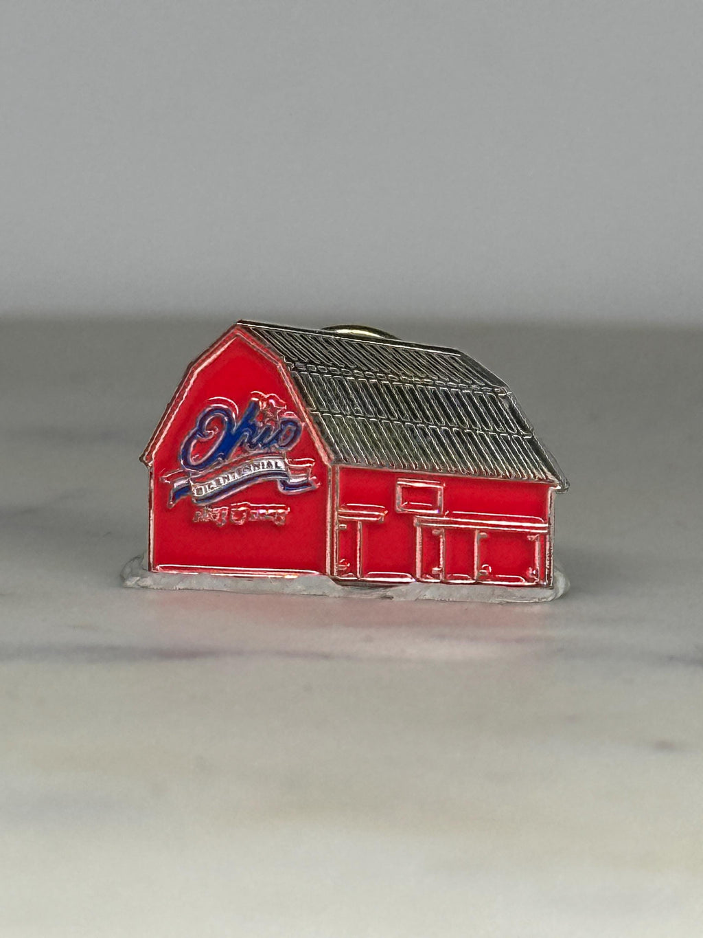 Ohio Barn Enamel Pin: Red & Silver Finish - Vintage Souvenir Accessory