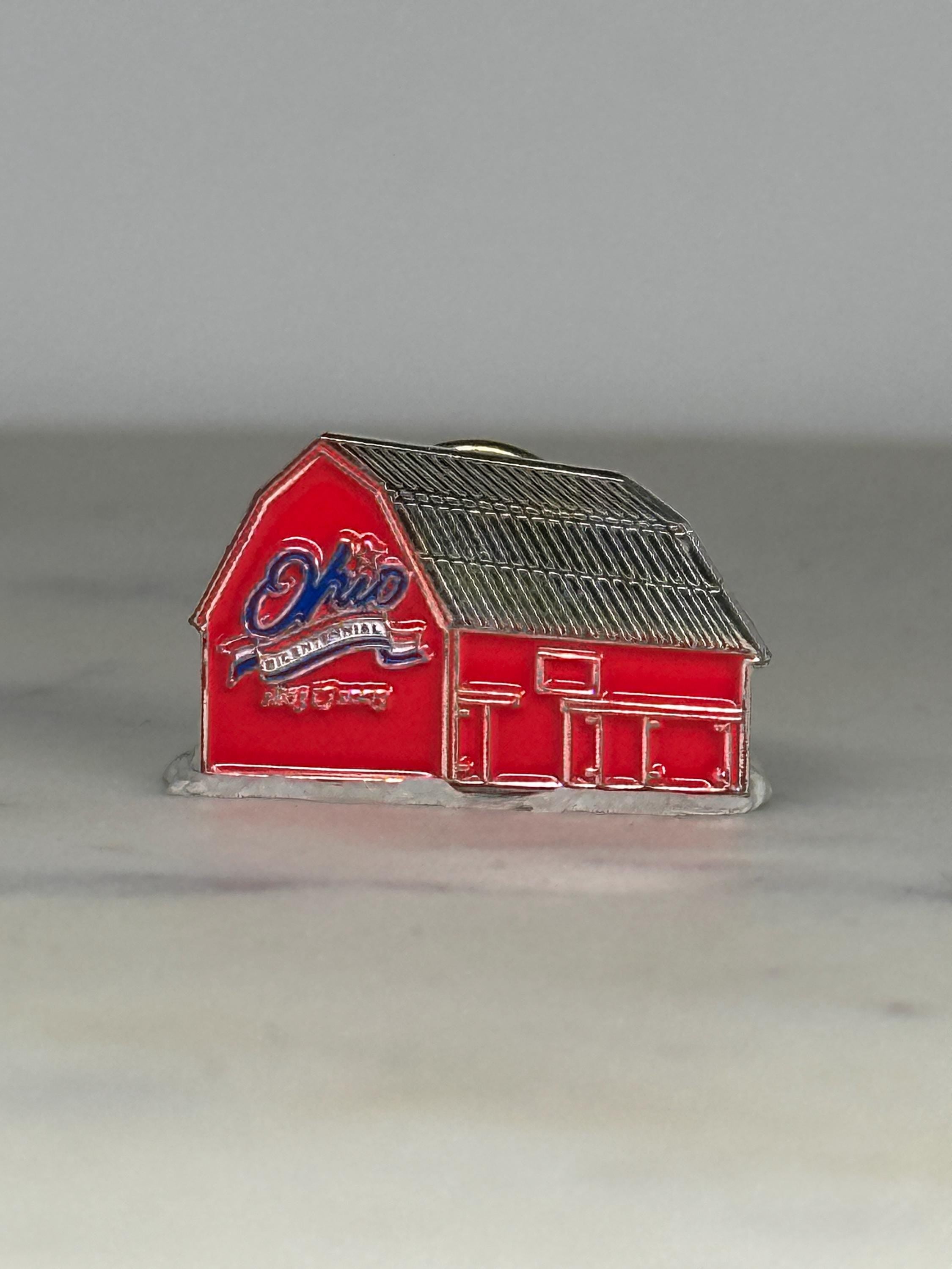 Ohio Barn Enamel Pin: Red & Silver Finish - Vintage Souvenir Accessory